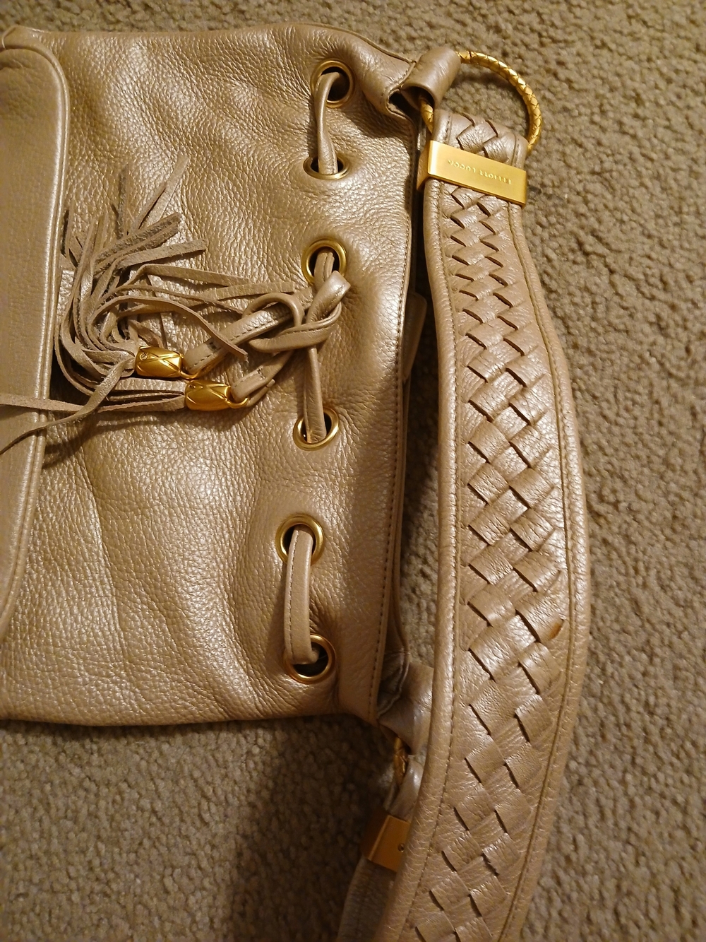 Elliott Lucca Beige Leather Shoulder Bag with Tassel and Gold Accents - Picture 3 of 5